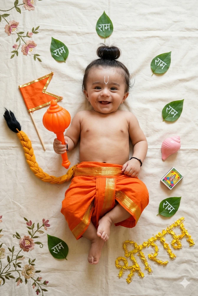 Adorable Baby Boy Dressed as Lord Hanuman for a Hindu Ram Navami Photoshoot