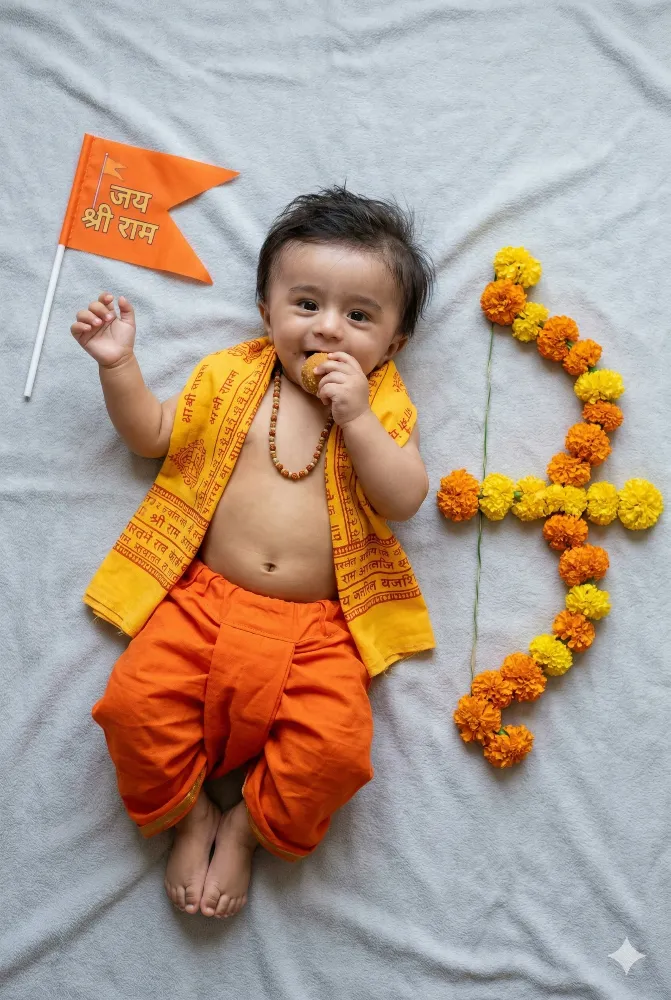 Adorable Baby Boy Dressed as Lord Rama with Creative Marigold Flower Bow for Photoshoot