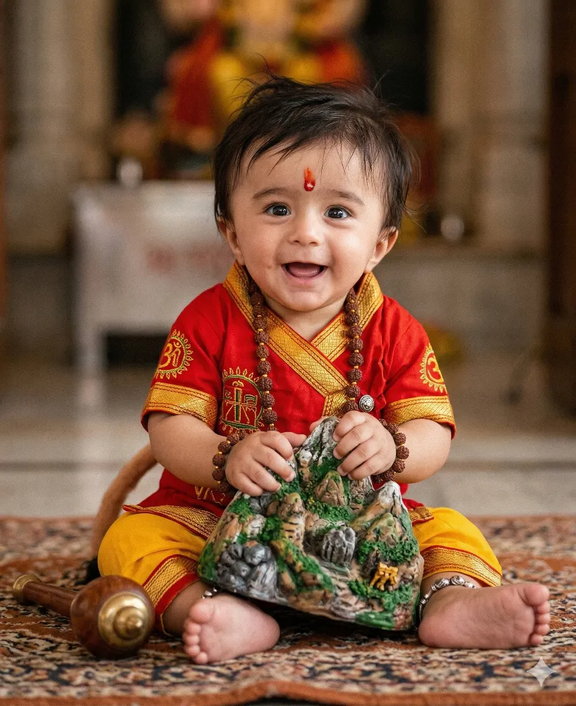 Adorable Baby Dressed as Little Hanuman Holding Sanjivani Mountain