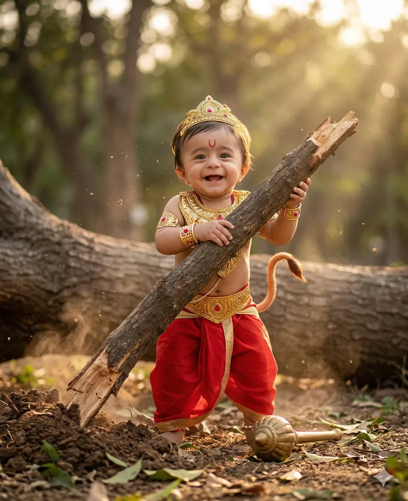 Adorable Baby Dressed as Lord Hanuman Holding a Log in the Forest