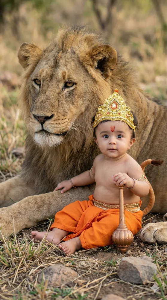 Adorable Baby Dressed as Lord Hanuman Sitting with a Majestic Lion