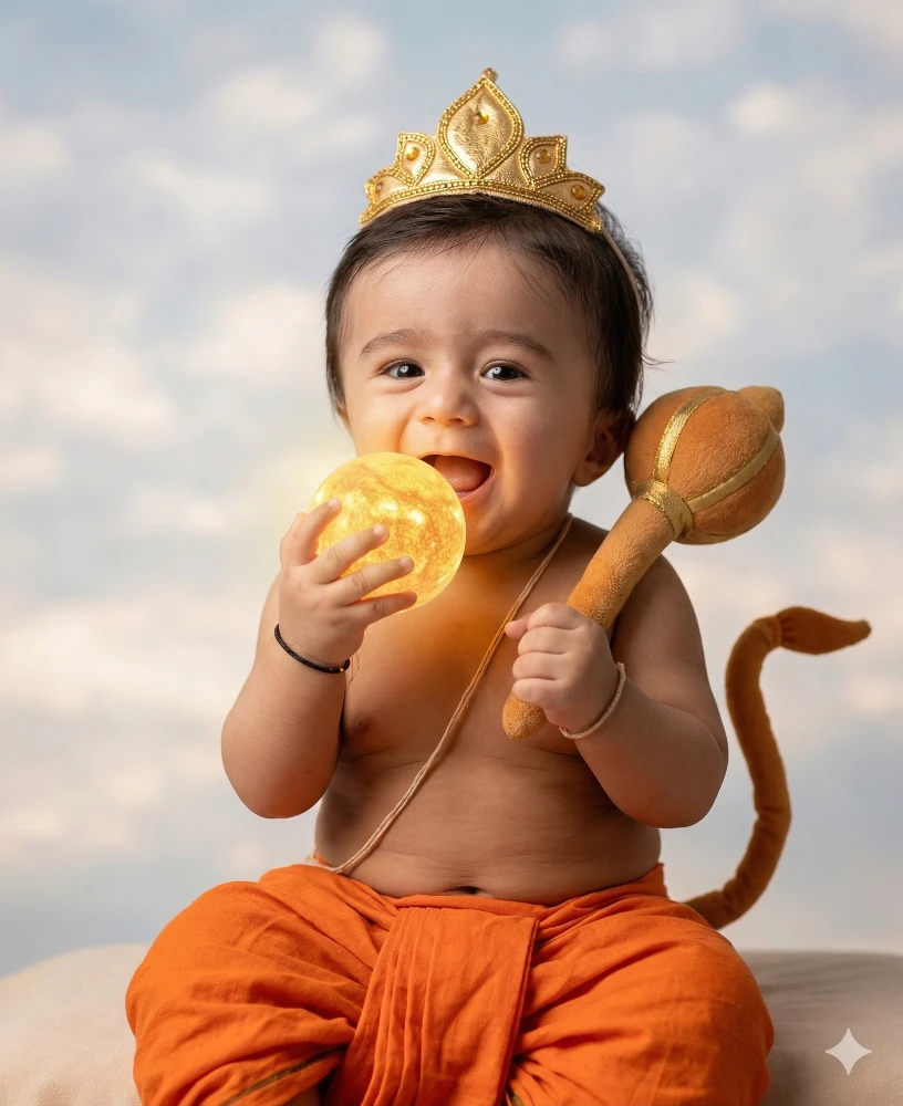 Adorable Baby Dressed as Lord Hanuman with Glowing Sun and Mace