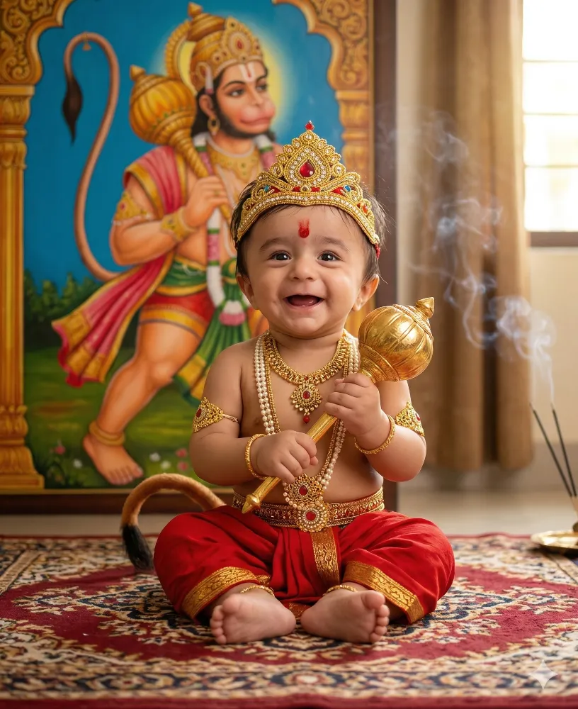 Adorable Baby Dressed as Lord Hanuman with Golden Gada