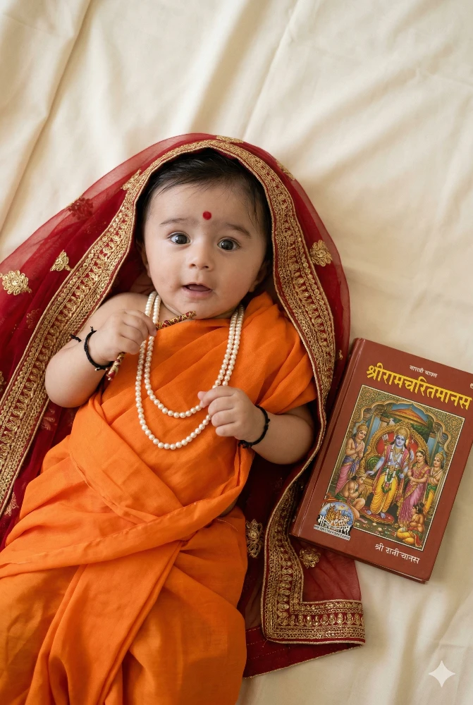 Adorable Baby Dressed as Sita with Shri Ramcharitmanas Book