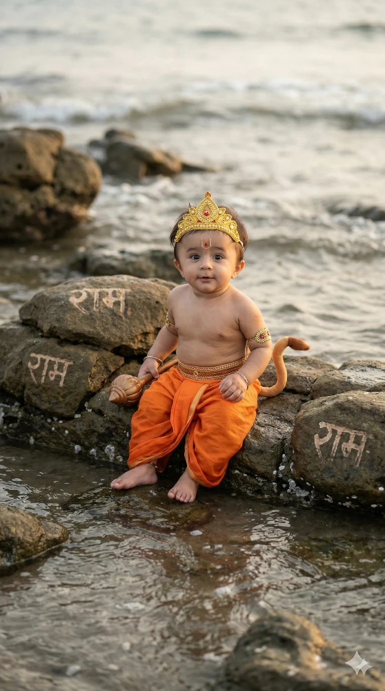 Adorable Baby Hanuman Costume Photoshoot on Seashore with Ram Inscribed Rocks