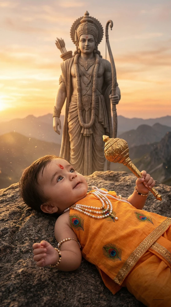 Adorable Baby in Lord Krishna Costume with Lord Rama Statue on a Mountain Peak