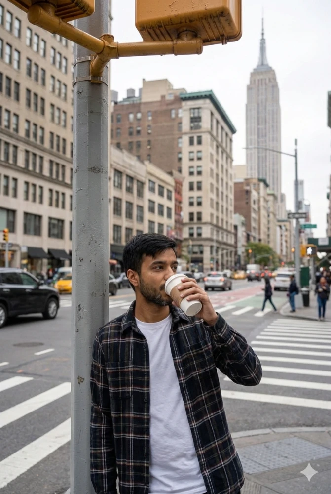 Aesthetic Man Drinking Coffee on a Busy New York City Street Gemini Prompt