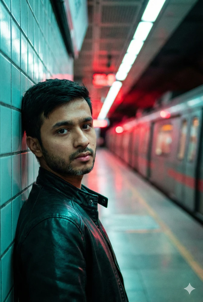 Aesthetic Man in Leather Jacket at Underground Subway Station Cinematic Portrait Prompt
