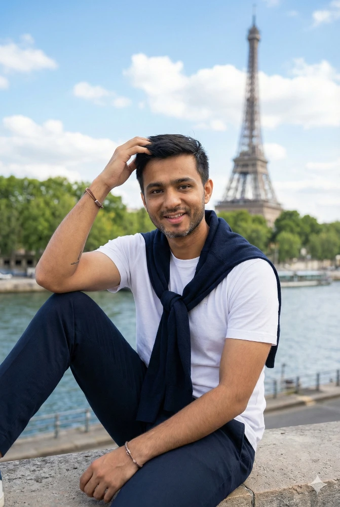 Aesthetic Young Man Posing in Front of the Eiffel Tower in Paris