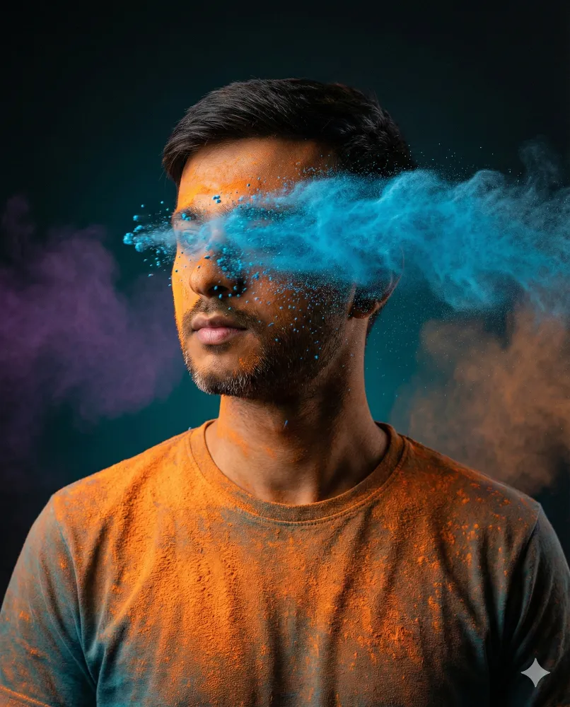 Artistic Portrait of a Man with Holi Powder Explosion Prompt