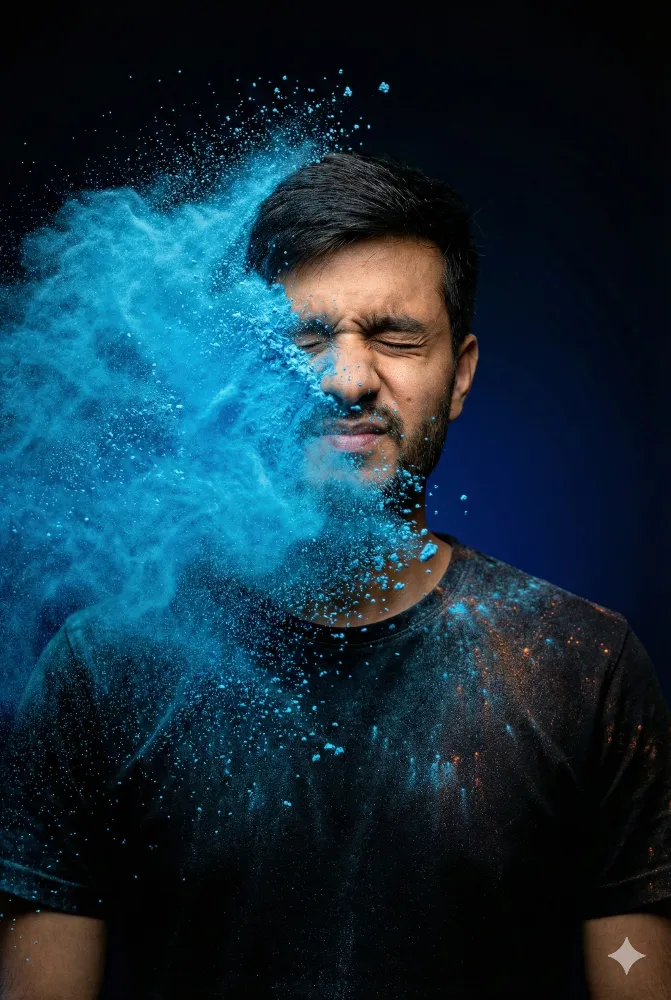 Artistic Portrait of Man with Vibrant Blue Powder Explosion Holi Gemini Prompt