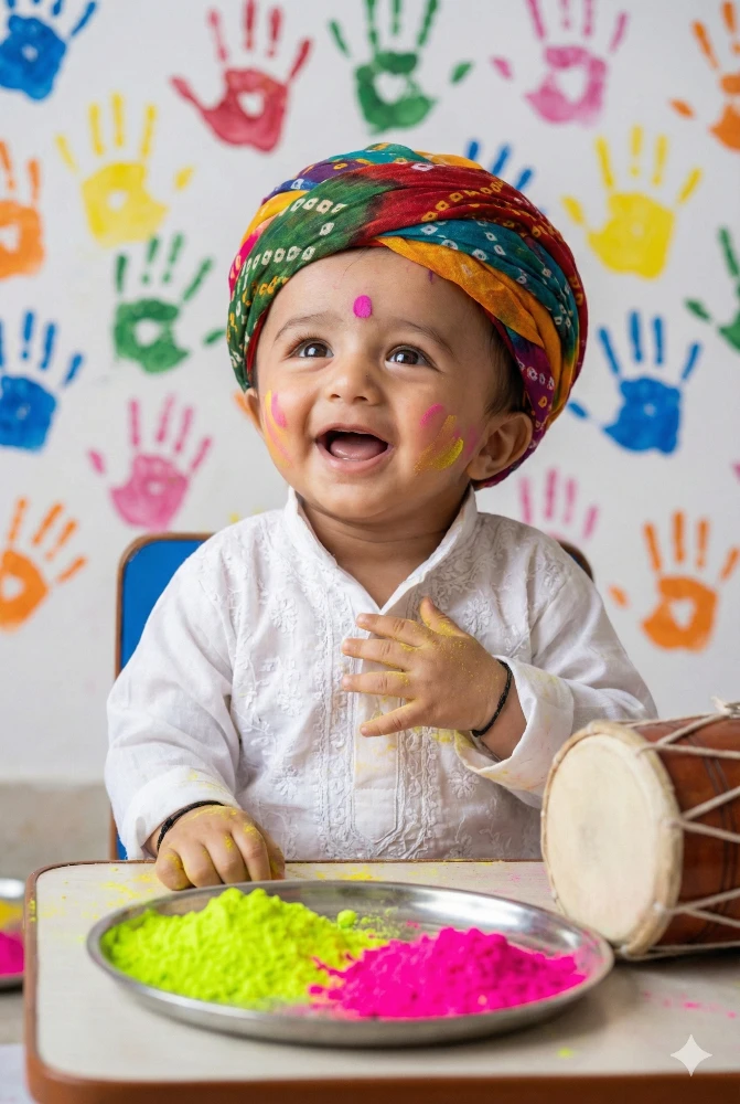 Baby Celebrating Holi Festival with Colorful Turban and Powders Gemini Prompt