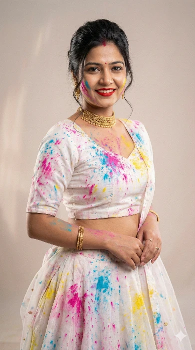 Beautiful Indian Woman Smiling and Celebrating Holi Festival with Colors Gemini Prompt