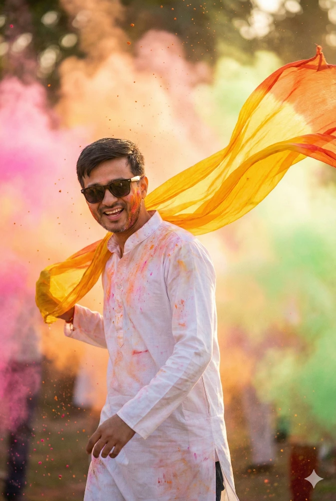 Boy Celebrating Holi Festival with Traditional Attire Gemini Prompt
