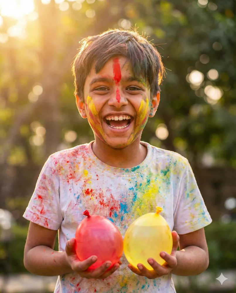 Boy Celebrating Holi with Colorful Powders and Water Balloons Prompt