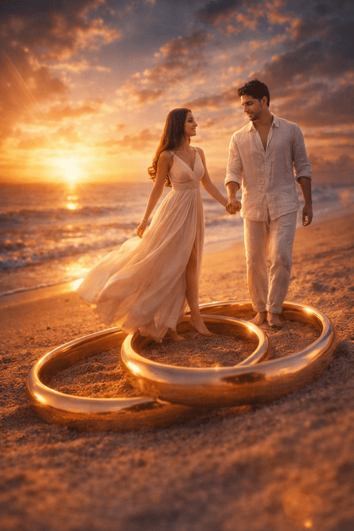 Cinematic Beach Pre-Wedding AI Prompt – Miniature Couple on Wedding Rings