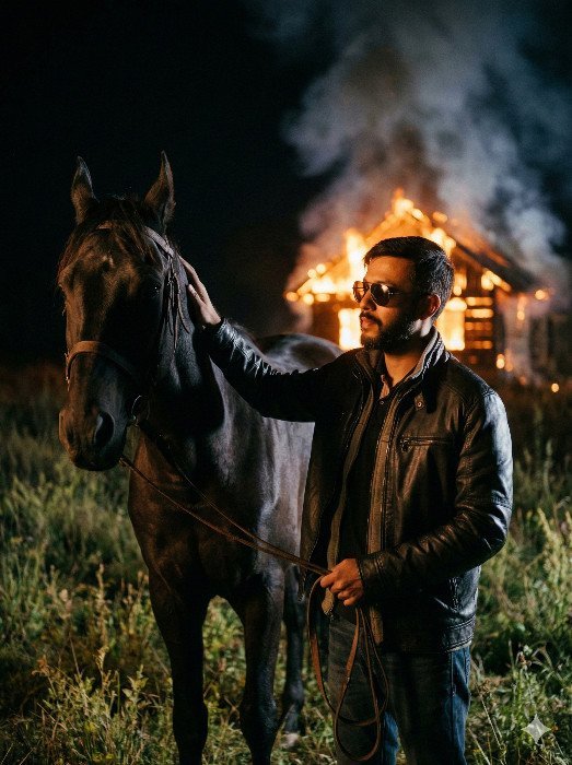 Cinematic Night Editorial Portrait with Horse & Fire AI Prompt