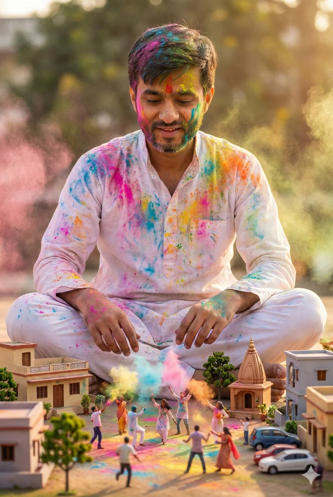 Creative Holi Festival Celebration with Miniature Village Gemini Prompt