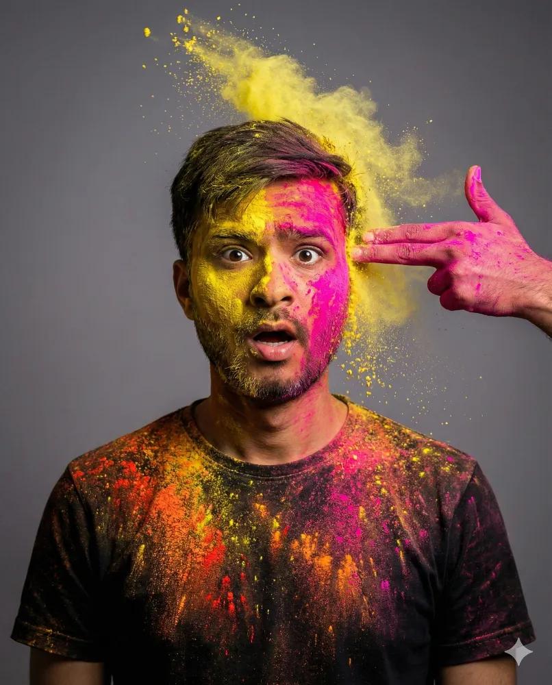 Creative Portrait of a Man with Exploding Colorful Holi Powder Gemini Prompt