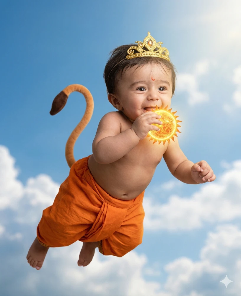 Cute Baby Dressed as Bal Hanuman Flying in the Sky and Eating the Sun