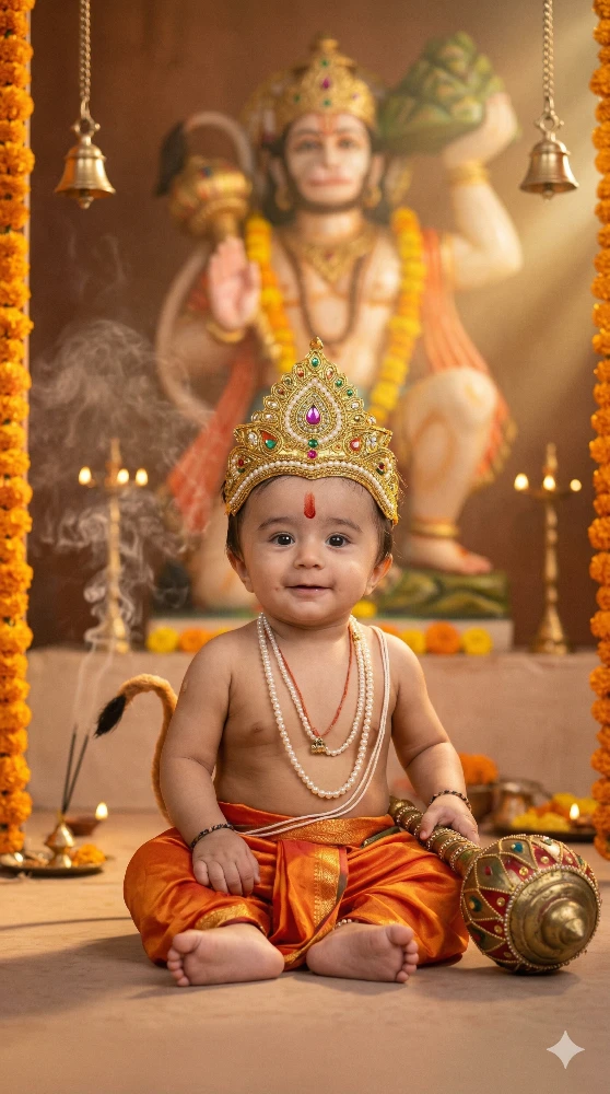 Cute Baby Dressed as Lord Hanuman for Hindu Festival Celebration