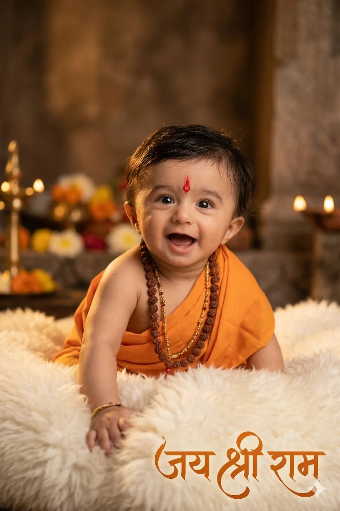 Cute Baby Dressed in Saffron with Jai Shree Ram Navami Prompt