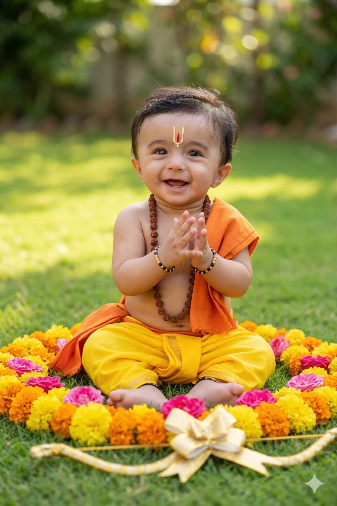 Cute Indian Baby Boy Dressed as Little Lord Rama for or Ram Navami
