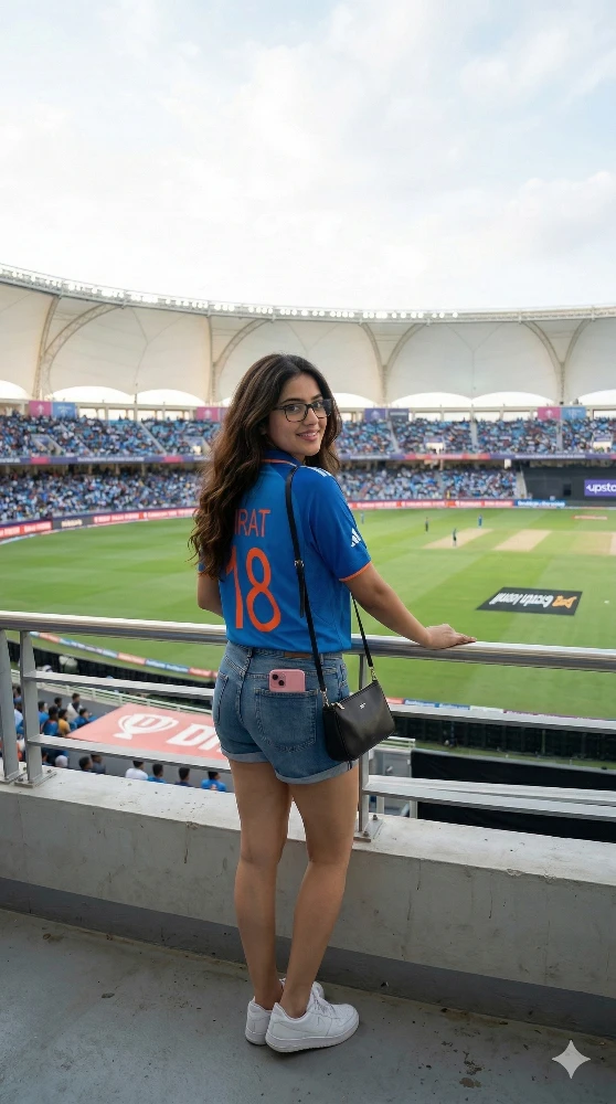 Female Cricket Fan Wearing Indian Cricket Team Jersey at Stadium