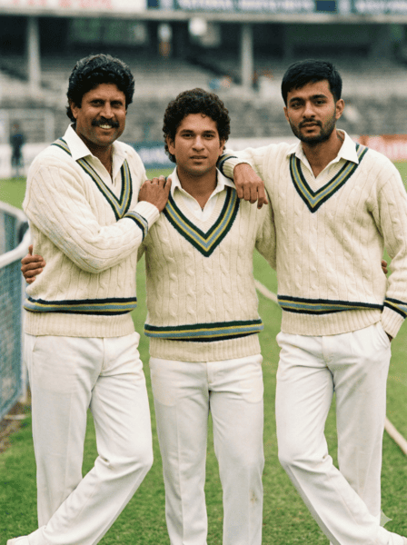 Gemini AI Prompt: Create Vintage Kapil Dev & Sachin Tendulkar Cricket Photo with You