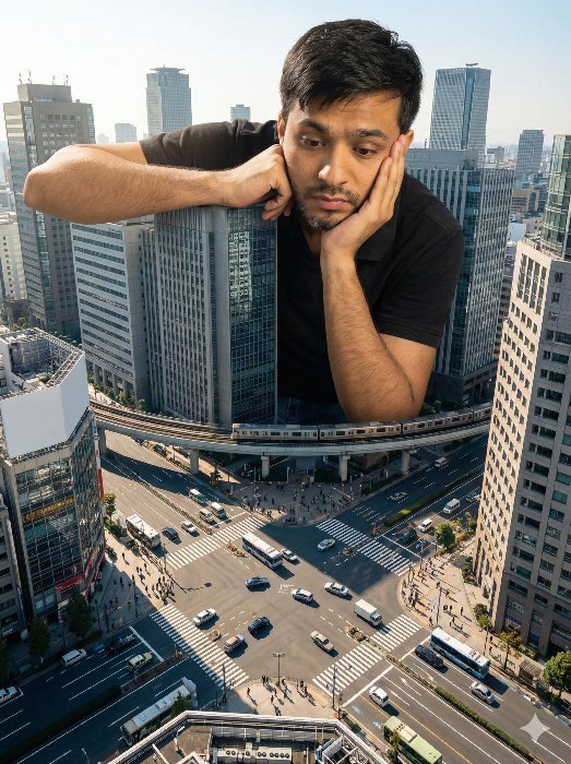 Giant Human in City AI Prompt – Hyperrealistic Surreal Urban Scale Contrast