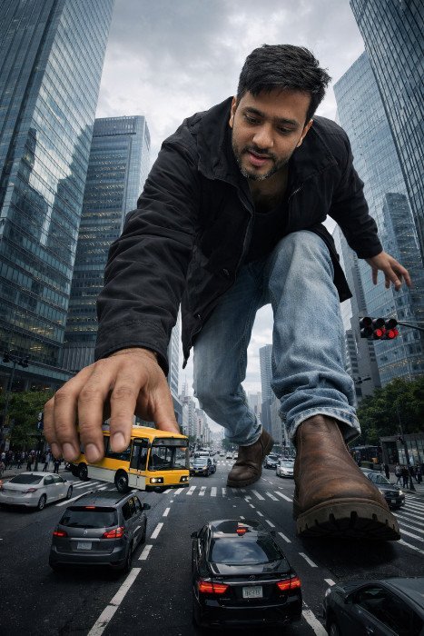 Giant Man in City Holding Bus AI Prompt – Hyper-Realistic