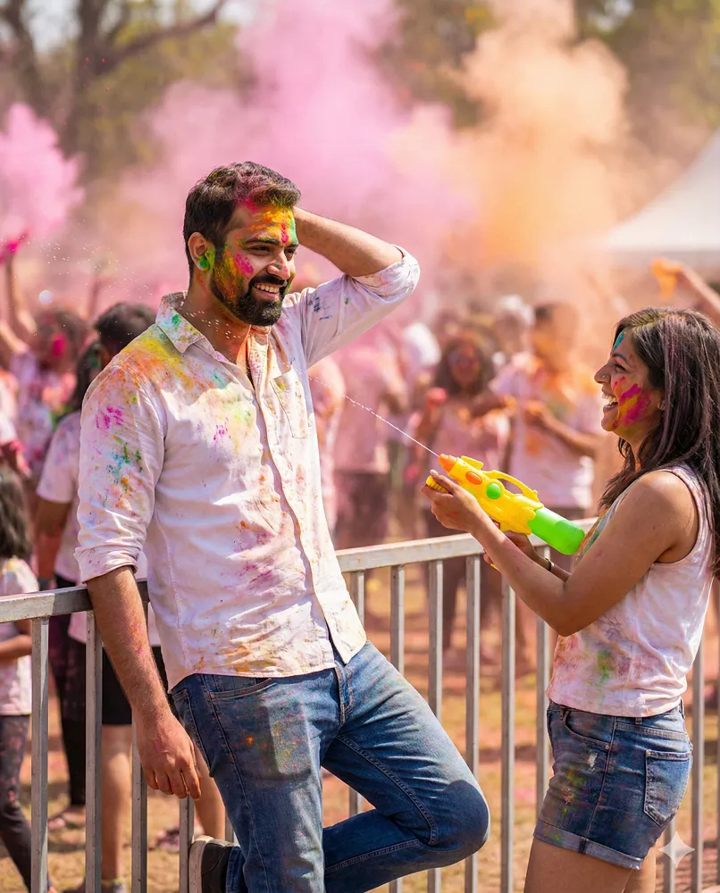 Happy Couple Celebrating Holi Festival with Vibrant Colors and Water Gun Gemini Prompt