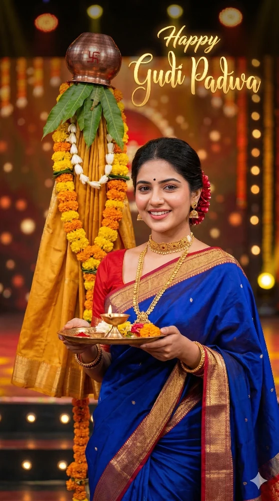 Happy Gudi Padwa Celebration: Traditional Indian Woman with Puja Thali