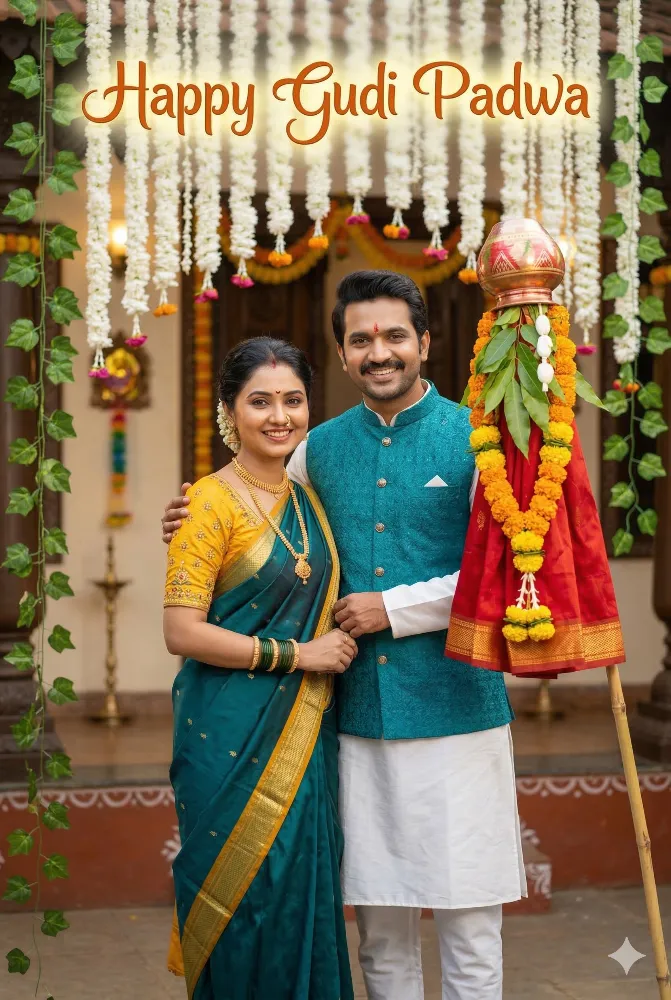 Happy Gudi Padwa Celebration with Indian Couple in Traditional Attire