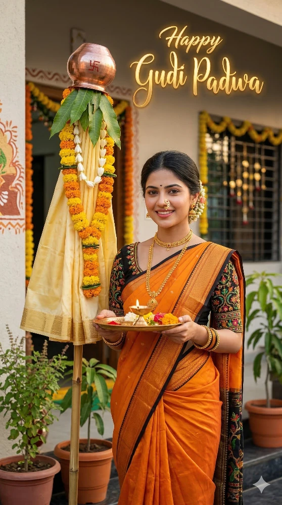 Happy Gudi Padwa Celebration with Traditional Saree and Gudi
