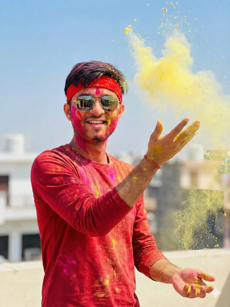 Happy Man Celebrating Holi Festival with Vibrant Yellow Powder