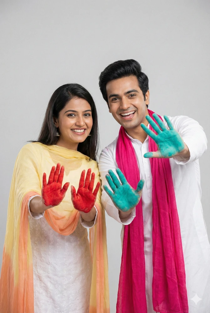 Happy Young Indian Couple Celebrating Holi Festival with Colorful Hands