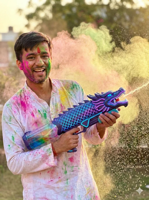 Happy Young Man Celebrating Holi Festival with Dragon Water Gun Gemini Prompt