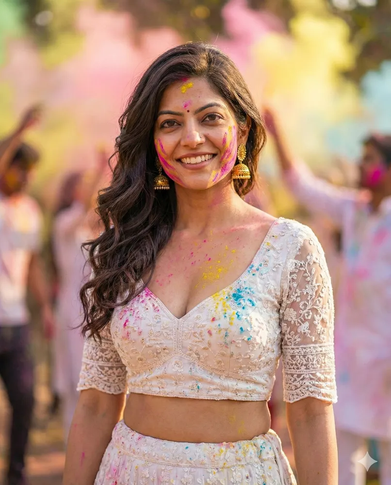 Happy Young Woman Celebrating Holi Festival with Vibrant Colors Gemini Prompt
