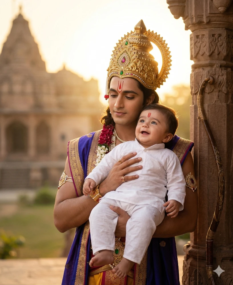 Heartwarming Depiction of Lord Ram Holding a Baby at Ayodhya Temple