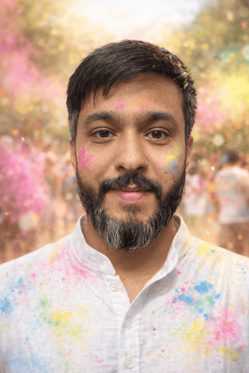 Holi Photo Editing Prompt with White Kurta – Realistic AI Portrait Decoration