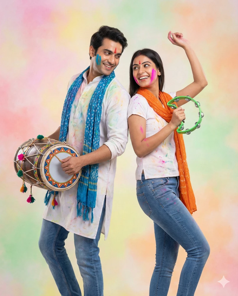 Indian Couple Celebrating Holi with Musical Instruments Gemini Prompt