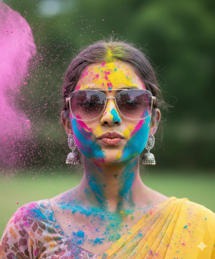 Indian Girl Celebrating Holi with Sunglasses Gemini Prompt