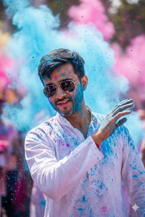 Indian Man Celebrating Holi Festival with Blue and Pink Powder Portrait Gemini Prompt