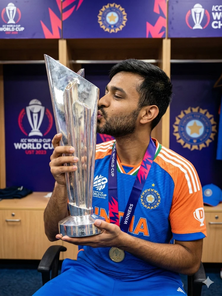 Indian Player Celebrating India’s T20 Cricket World Cup Victory with Trophy
