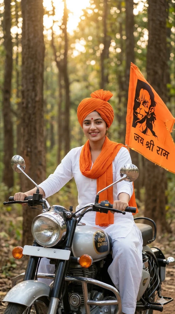 Indian Woman Riding Royal Enfield with Jai Shree Ram Flag in Forest
