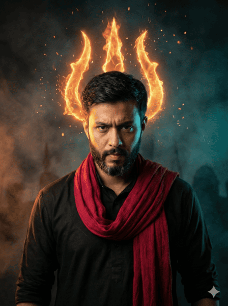 Intense Male Portrait with Lord Shiva Trishool Gemini AI Prompt