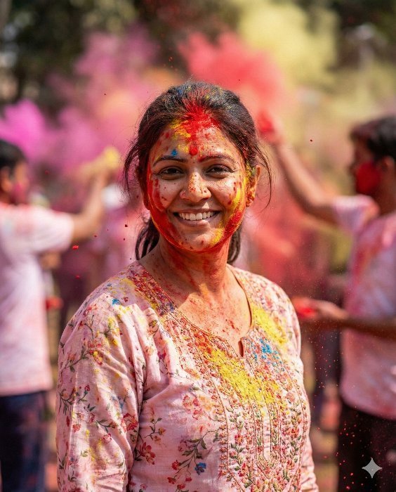 Joyful Woman Celebrating Holi Festival of Colors Gemini Prompt