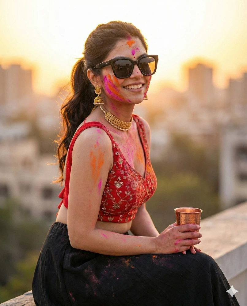 Joyful Woman Celebrating Holi Festival on Rooftop at Sunset