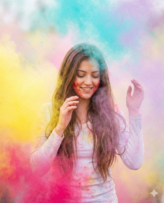 Joyful Woman Celebrating Holi Festival with Colorful Powder Girl Gemini Prompt